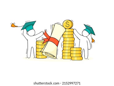 Scholarship concept with student, education certificate and money. Vector sketch illustration of tuition grant, study cost in college or university. Doodle men in graduation cap with diploma and coins