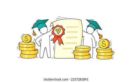 Scholarship concept with students, education certificate and money. Vector sketch illustration of tuition grant, study cost in college or university. Doodle man in graduation cap with diploma and coin
