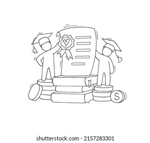 Concepto de beca con estudiantes, certificado de educación y dinero. Esbozo vectorial ilustración de la beca, costo de estudio en la universidad o universidad. Hombre de garabato en la tapa de graduación con diploma y moneda