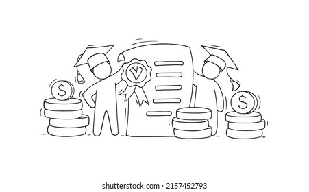 Scholarship concept with students, education certificate and money. Vector sketch illustration of tuition grant, study cost in college or university. Doodle man in graduation cap with diploma and coin
