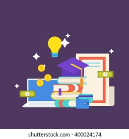 Scholarship concept. Vector illustration in flat style design. University student cap, books, diploma, notebook, money, wallet, credit card and light bulb. 