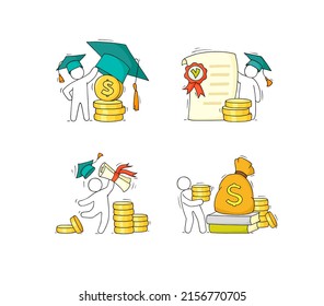 Scholarship concepts set with student, education certificate and money. Vector sketch illustration of tuition grant, study cost in college or university. Doodle man in graduation cap with diploma and 