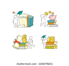 Scholarship concepts set with student, education certificate and money. Vector sketch illustration of tuition grant, study cost in college or university. Doodle man in graduation cap with diploma and 
