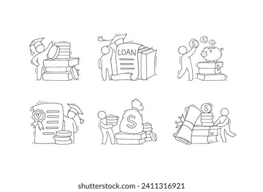 Scholarship concepts set with student, education certificate and money. Vector sketch illustration of tuition grant, study cost in college or university. Doodle man in graduation cap with diploma and 