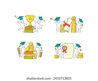 Scholarship concepts set with student, education certificate and money. Vector sketch illustration of tuition grant, study cost in college or university. Doodle man in graduation cap with diploma and 