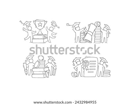 Scholarship concepts set with student, education certificate and money. Vector sketch illustration of tuition grant, study cost in college or university. Doodle man in graduation cap with diploma and 