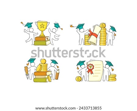 Scholarship concepts set with student, education certificate and money. Vector sketch illustration of tuition grant, study cost in college or university. Doodle man in graduation cap with diploma and 