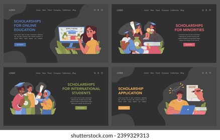 Scholarship diversity set. People of various ethnicities and ages getting financial aid. Empowering education for minorities, online learners and global students. Accessible academic funding.