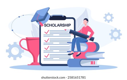 Scholarship education concept. Man with pencil sits on stack of books near clipboard with graduate cap. Learning and training. Student preparing for exam. Flat vector illustration