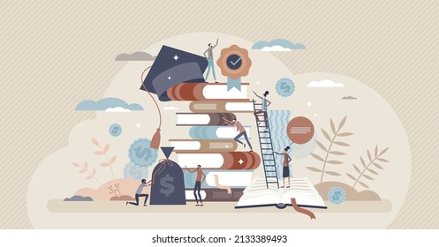 Scholarship as financial help for students education tiny person concept. Money aid for knowledge development and graduation expense covering vector illustration. Expensive academic learning fee.