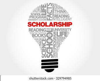 Scholarship Is A Form Of Financial Aid Awarded To Students For Further Education, Word Cloud Light Bulb Concept Background