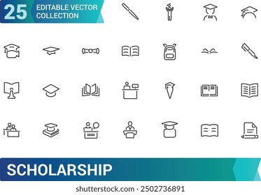 Stipendium und Hochschulbildung Symbolsatz. Sammlung und Paket von linearen Web- und Ui-Icons. Bearbeitbarer Strich. Vektorgrafik.