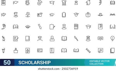 Conjunto de iconos de becas y educación superior. Colección y paquete de iconos lineales de Web y UI. Trazo editable. Ilustración vectorial.