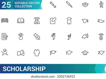 Scholarship and Higher Educatioin Icon set. Collection and pack of linear web and ui icons. Editable stroke. Vector illustration.