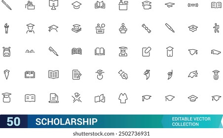 Conjunto de iconos de becas y educación superior. Colección y paquete de iconos lineales de Web y UI. Trazo editable. Ilustración vectorial.