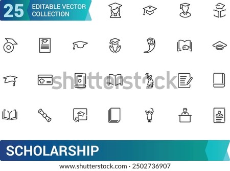 Scholarship and Higher Educatioin Icon set. Collection and pack of linear web and ui icons. Editable stroke. Vector illustration.