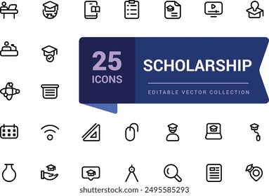 Scholarship icon collection. Containing tuition assistance, grant, fellowship, award icon. Simple line vector illustration.