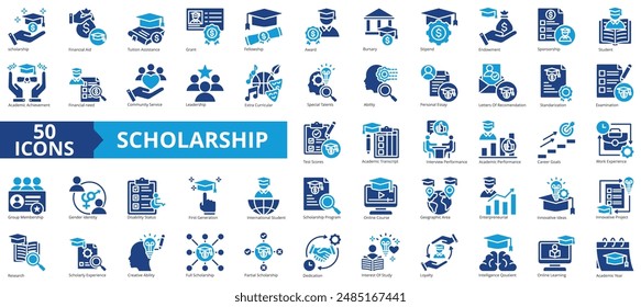 Scholarship icon collection set. Containing financial aid, tuition assistance, grant, fellowship, award, bursary, stipend icon. Simple flat vector illustration.