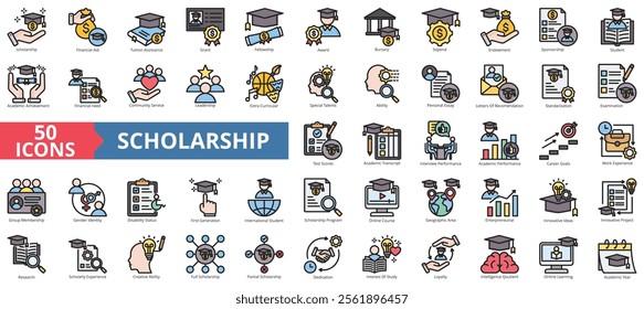 Scholarship icon collection set. Containing financial aid, tuition assistance, grant, fellowship, award, bursary, stipend icon. Simple flat outline vector illustration