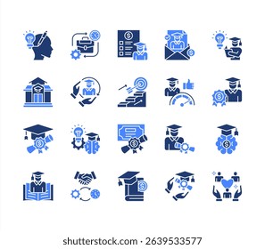 Scholarship icon collection set. Containing financial aid, tuition assistance, grant, fellowship, award, bursary, stipend icon. Simple line vector illustration.	
