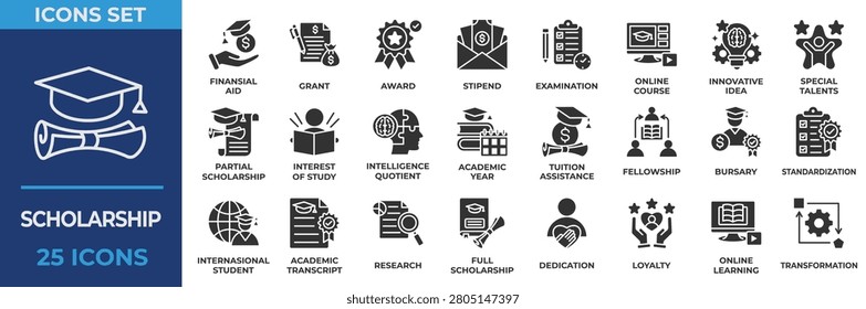 Scholarship Icon Collection Set. Containing icon business, financial, award, online course, innovation, idea, intelligence, academic, fellowship, transformation and learning. Glyph Vector Illustration