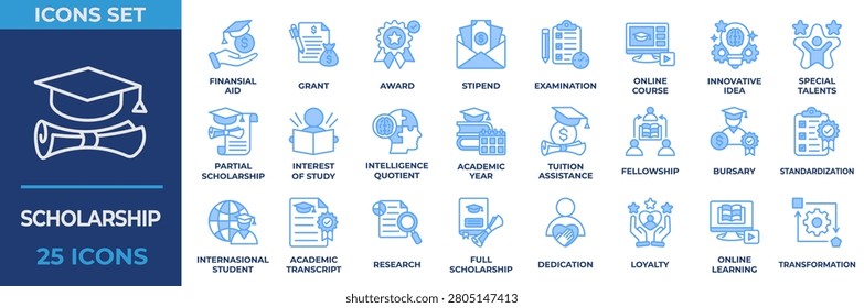 Scholarship Icon Collection Set. Containing icon business, financial, award, online course, innovation, idea, intelligence, academic, fellowship, transformation and learning. Blue Vector Illustration