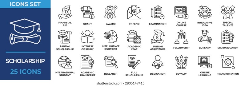 Scholarship Icon Collection Set. Containing icon business, financial, award, online course, innovation, idea, intelligence, academic, fellowship, transformation, learning. Outline Vector Illustration.