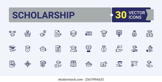 Scholarship icon. Includes icons for college, science, high, cap, scholar, academic, degree and more. Simple icon designs. Solid line editable stroke.