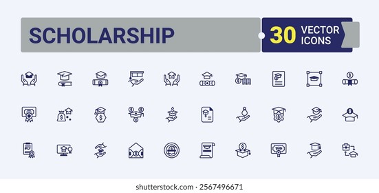 Scholarship icon. Includes icons for college, science, high, cap, scholar, academic, degree and more. Simple icon designs. Solid line editable stroke.