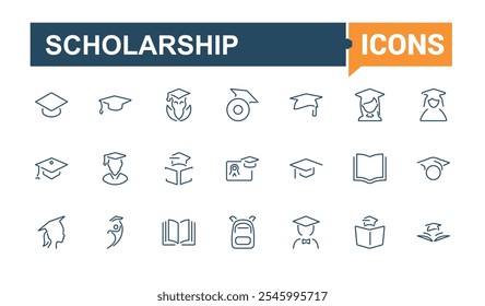 Paquete de iconos de becas. Relacionado con la educación, clase, académico, aprender, aula, conferencia, licenciatura y más. Colección de símbolo de contorno. Línea de Vector e iconos sólidos.