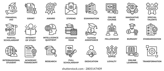 Scholarship icon set collection in lineal style, an icon pack contain business, financial, award, online course, innovation, idea, intelligence, academic and fellowship. Vector Illustration.
