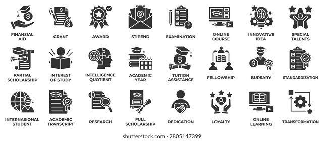 Scholarship icon set collection in solid glyph style, an icon pack contain business, financial, award, online course, innovation, idea, intelligence, academic and fellowship. Vector Illustration.