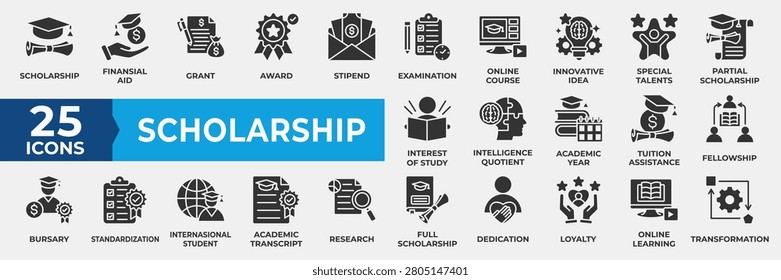 Scholarship Icon Set. Containing business, financial, award, online course, innovation, idea, intelligence, academic, fellowship, transformation and learning. Simple Glyph Vector Illustration.