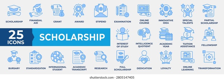 Scholarship Icon Set. Containing business, financial, award, online course, innovation, idea, intelligence, academic, fellowship, transformation, learning and more. Simple Blue Vector Illustration.

