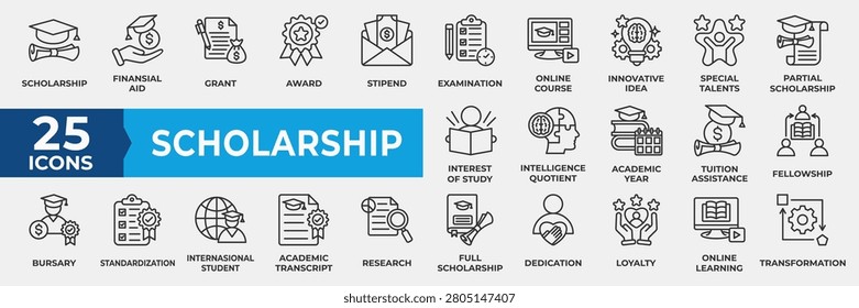 Scholarship Icon Set. Containing business, financial, award, online course, innovation, idea, intelligence, academic, fellowship, transformation, learning and more. Simple Line Vector Illustration.