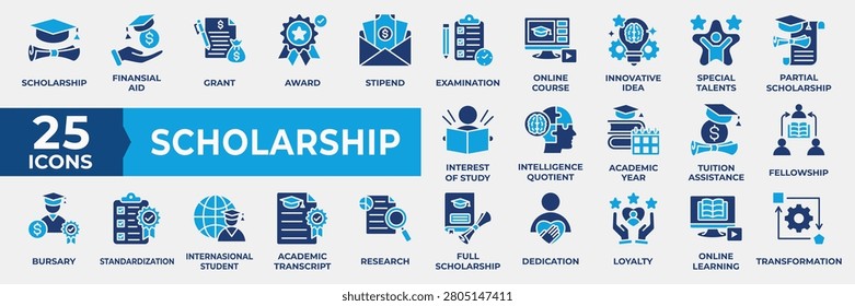 Scholarship Icon Set. Containing business, financial, award, online course, innovation, idea, intelligence, academic, fellowship, transformation and learning. Simple Flat Blue Vector Illustration.