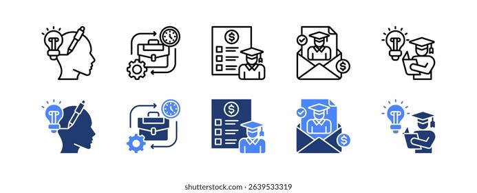 Scholarship icon set with Creative Thinking, Work Experience, Sponsorship, Recommendation Letter, Studying.
