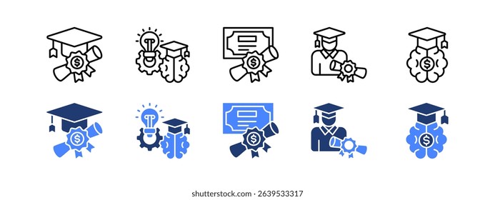 Scholarship icon set with Scholarship, Creativity, Diploma, Graduation, Intelligence Quotient.