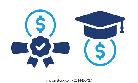 Scholarship icon set. Diploma and graduation hat with dollar symbol. Education financial support icons. Vector illustration.