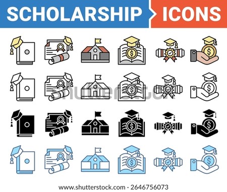 Scholarship icon set with multiple style collection.