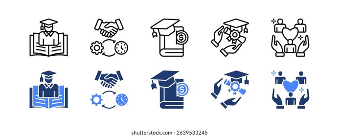 Scholarship icon set with Student, Dedication, Tuition, Academic, Public Service.