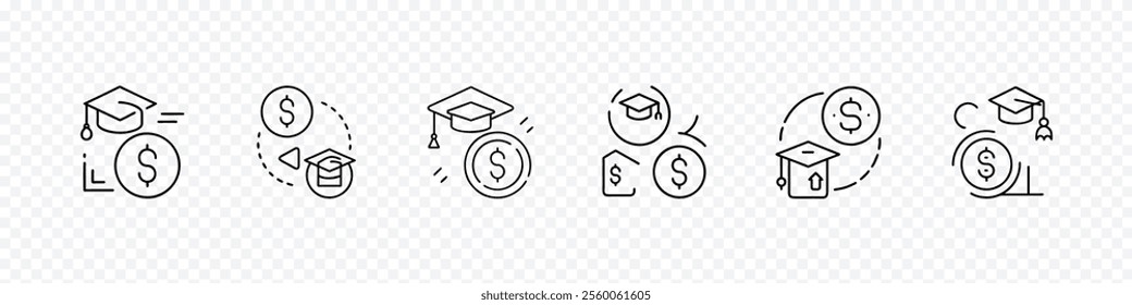 Scholarship icon set. scholarship symbol vector logo, dollar coin wearing a graduation hat, Education grant icon, Student loans icons set