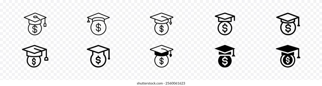 Scholarship icon set. scholarship symbol vector logo, dollar coin wearing a graduation hat, Education grant icon, Student loans icons set