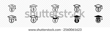 Scholarship icon set. scholarship symbol vector logo, dollar coin wearing a graduation hat, Education grant icon, Student loans icons set