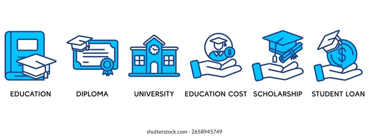 El concepto de Ilustración vectorial del conjunto de iconos de becas se relaciona con la educación, el diploma, la universidad, el costo de la educación, la beca, el préstamo al estudiante