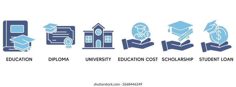 El concepto de Ilustración vectorial del conjunto de iconos de becas se relaciona con la educación, el diploma, la universidad, el costo de la educación, la beca, el préstamo al estudiante