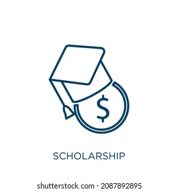 scholarship icon. Thin linear scholarship outline icon isolated on white background. Line vector scholarship sign, symbol for web and mobile
