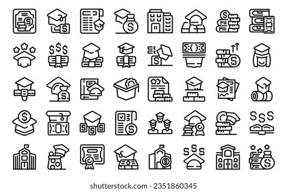 Scholarship icons set outline vector. Student degree. Happy female