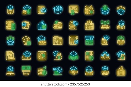 Iconos de becas establecen el vector de contorno. Grado de estudiante. Feliz color de neón femenino en negro