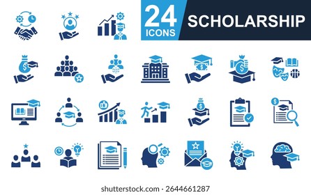 Ícones de bolsa de estudos definem ilustração vetorial. Contendo dedicação, universidade, matrícula, dotação, estudo e muito mais. Coleção simples de ícones sólidos.
